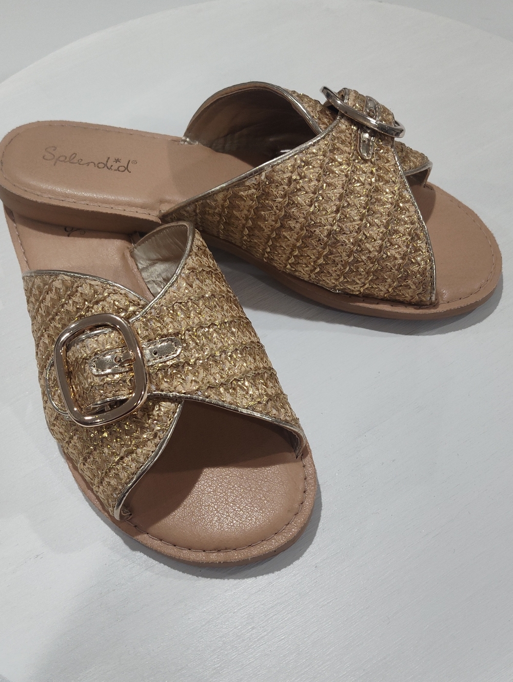 Splendid Sandy Gold Woven Slide Sandals with Buckle Accent Size 8M